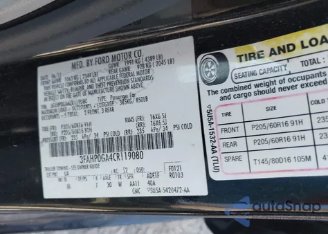 2012 Ford Fusion S z USA, uszkodzony, nr VIN 3FAHP0GA4CR119080